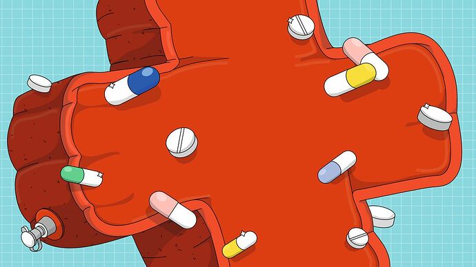 An illustration an inflated balloon in the shape of a red cross, covered in pills.